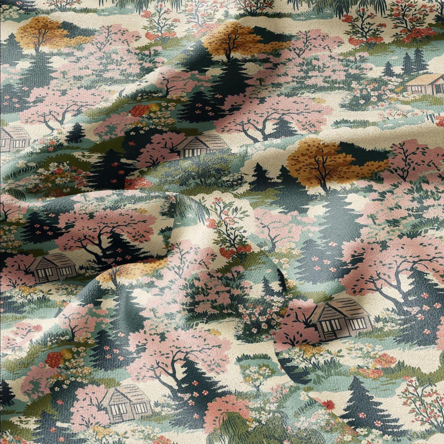 100% LINEN Fabric Country side - Village lanscape for upholstery dressmaking curtains home textile Art Nouveau 2133