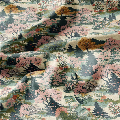 100% LINEN Fabric Country side - Village lanscape for upholstery dressmaking curtains home textile Art Nouveau 2133