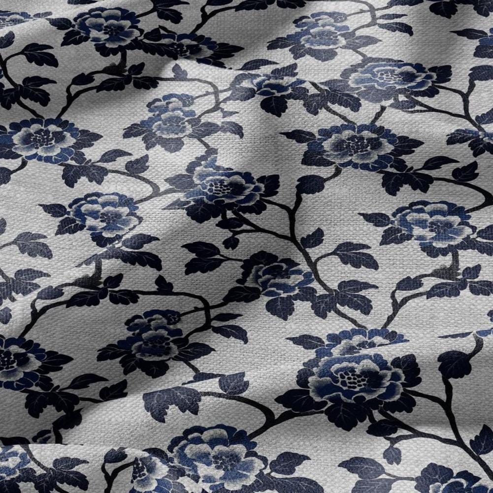 100% LINEN Fabric Block print blue roses - oatmeal linen fabric with japanese print - heavy for home decor clothing 2381