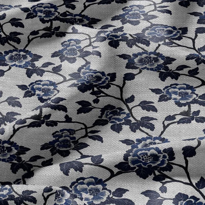 100% LINEN Fabric Block print blue roses - oatmeal linen fabric with japanese print - heavy for home decor clothing 2381