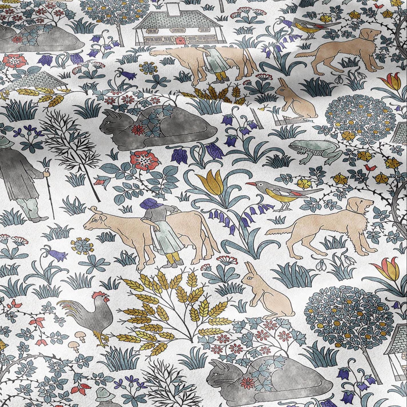 100% linen fabric - House that Jack built by Voysey - - Victorian Art crafts - Historical pattern home decor dress making 29891