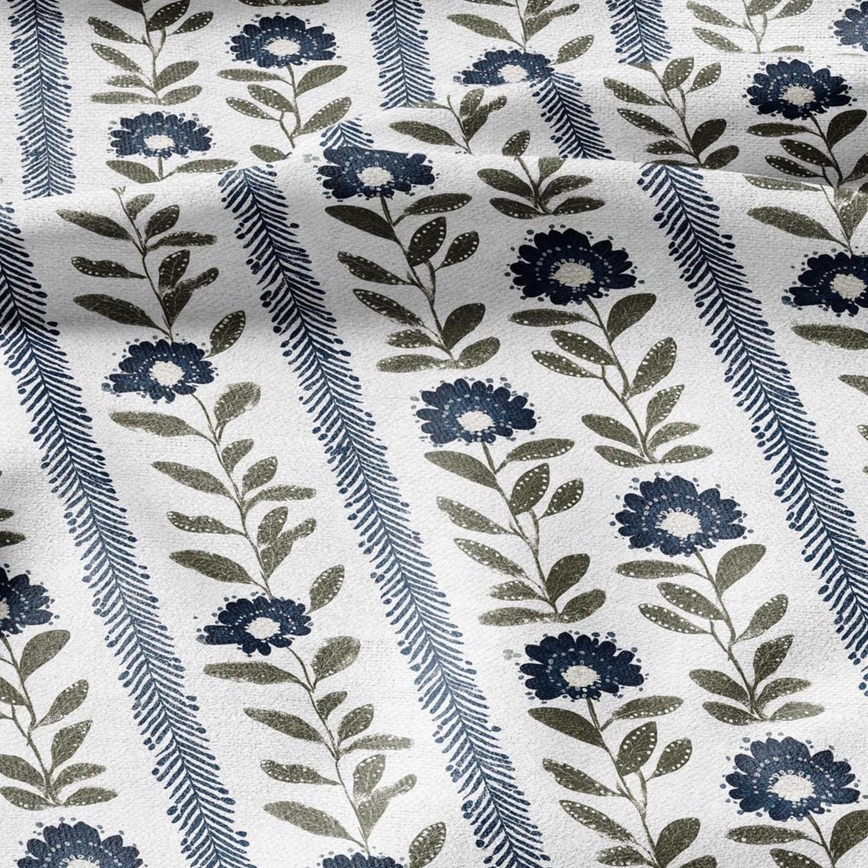 100% LINEN Fabric Floral stripe print green blue - floral upholstery home textile artisan fabrics blue green white 3126