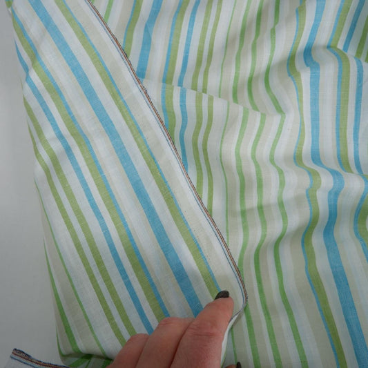 Premium Linen striped Fabric in blue green white | Medium weight multicolor stripes Valencia Stripe for clothing home textile
