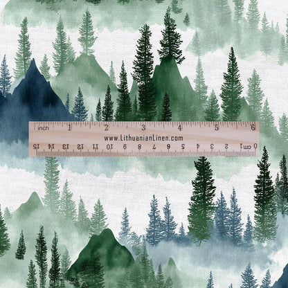 100% LINEN Fabric Forest scenery - landscape fabric with green fir print - heavy linen fabric for upholstery home decor 2807