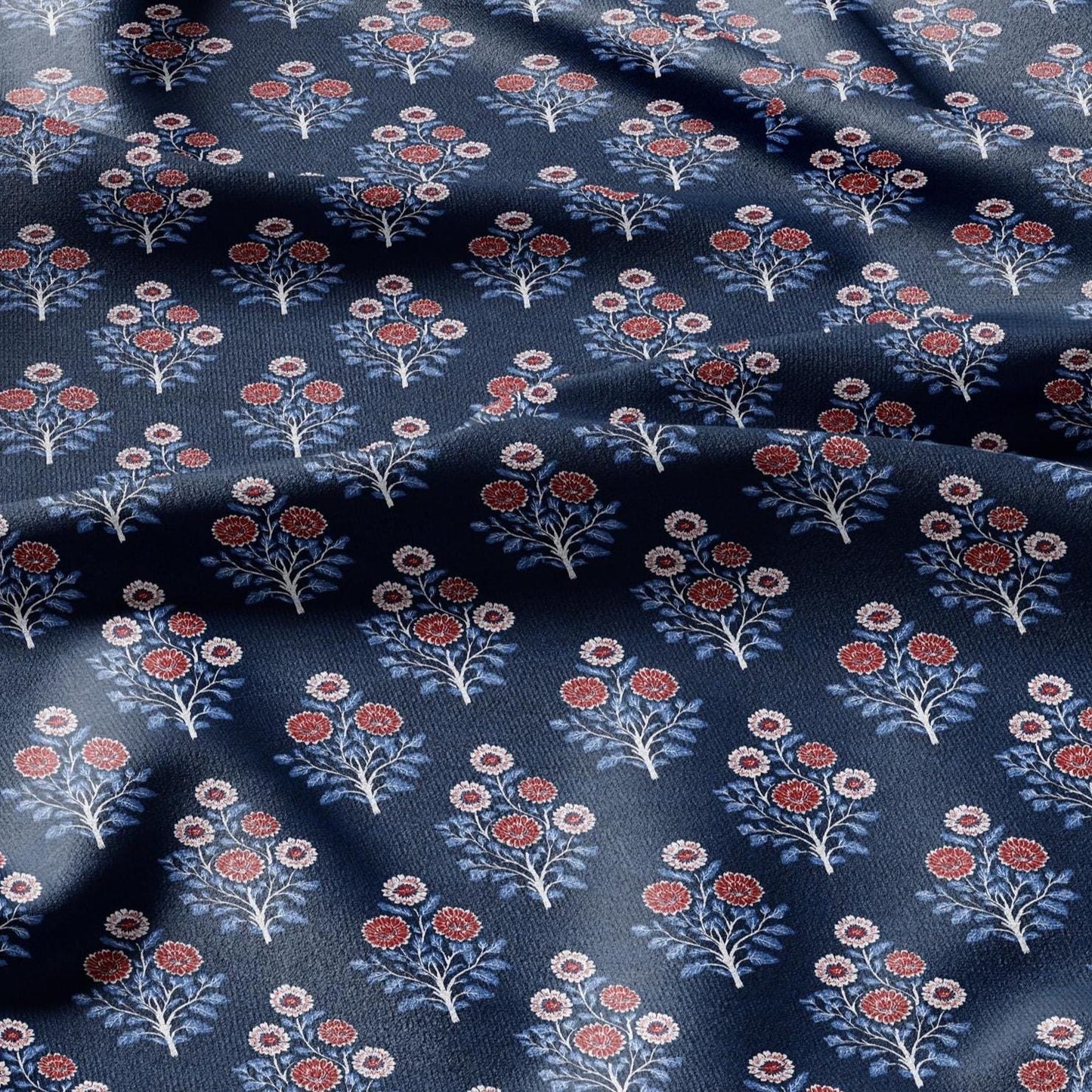 100% LINEN Fabric Champaka block print - indigo blue Indian floral linen heavy for upholstery home decor - medium for dress making 2809