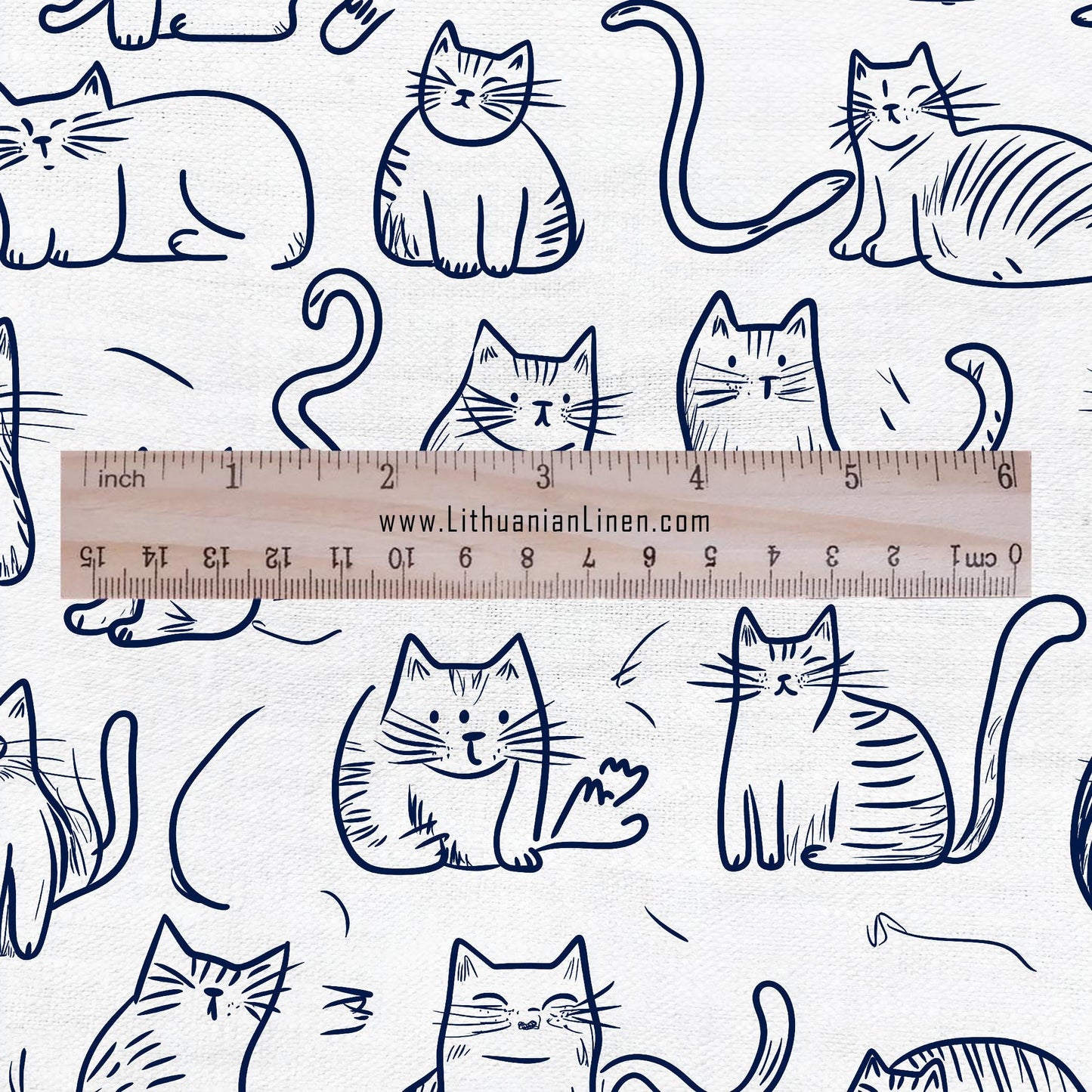 100% LINEN Fabric Cat print - Animal Modern vintage blue - upholstery curtains dress making 2140