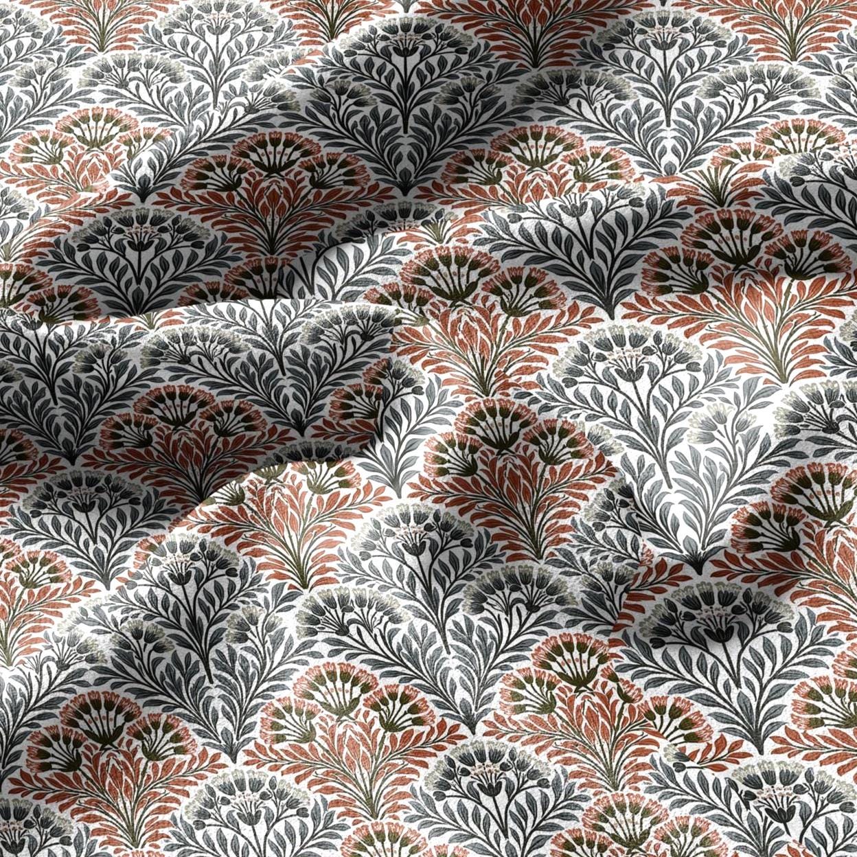 100% linen fabric floral botanical fan print - Vintage modern floral botanical pattern 3411