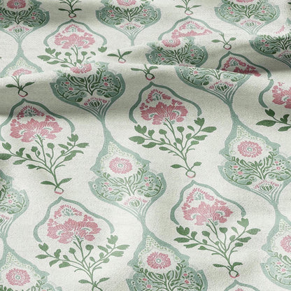 100% LINEN Fabric oriental print - preppy pink green floral block print - 2585 - upholstery home decor clothing sewing