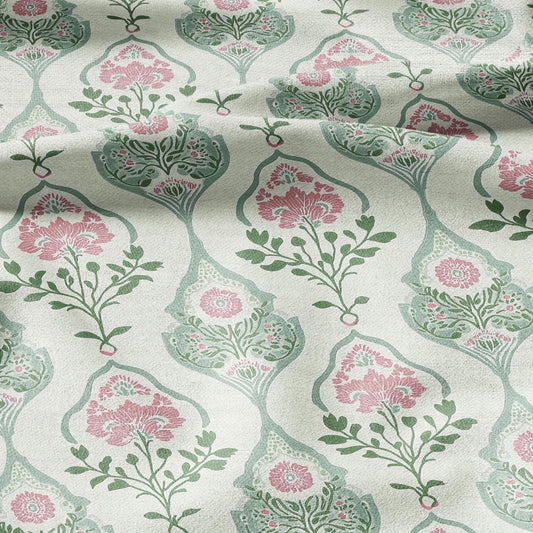 100% LINEN Fabric oriental print - preppy pink green floral block print - 2585 - upholstery home decor clothing sewing