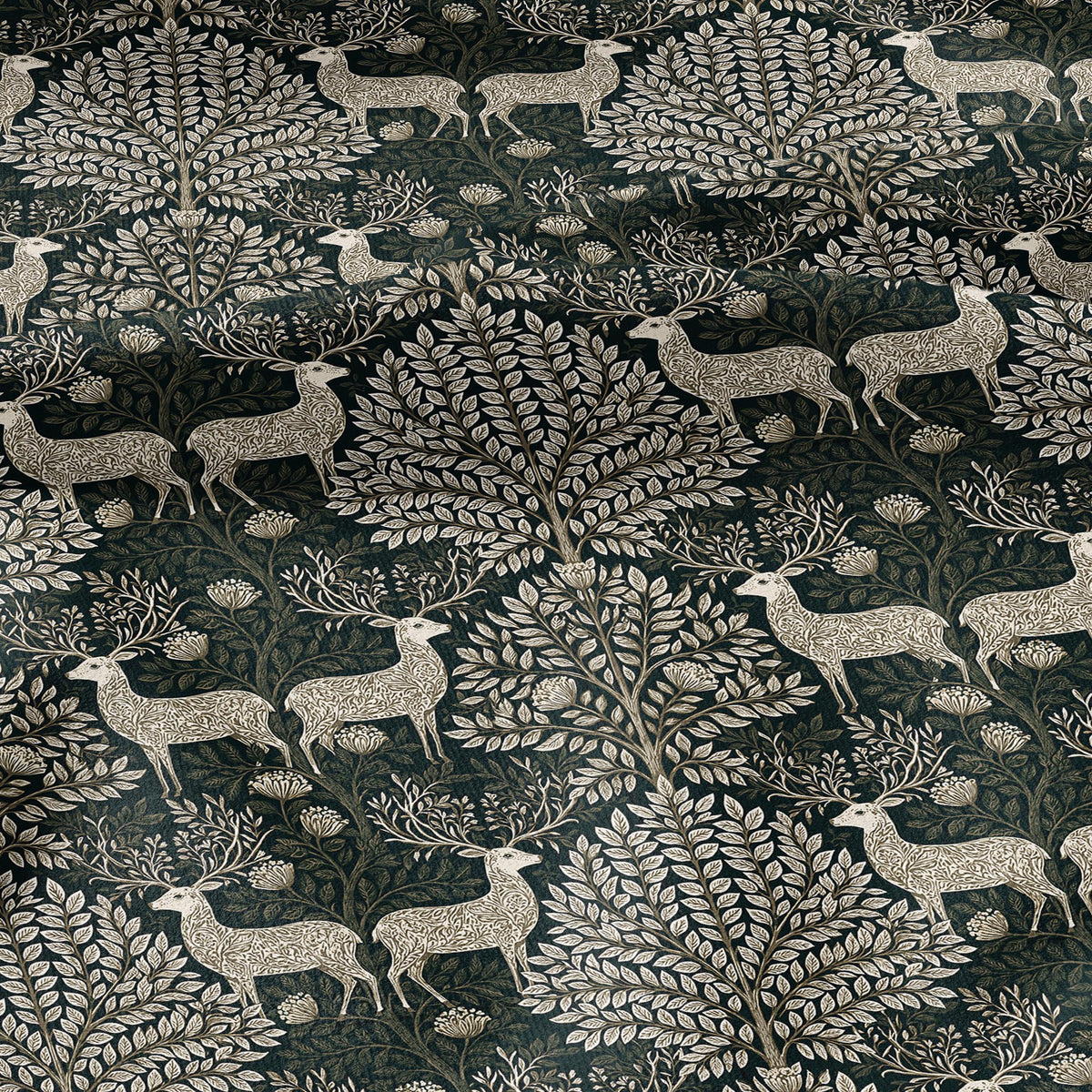 100% LINEN Fabric Woodland - Green beige floral print with Reindeer Neutral Fabric by the Yard by LithuanianLinen 3872