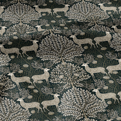 100% LINEN Fabric Woodland - Green beige floral print with Reindeer Neutral Fabric by the Yard by LithuanianLinen 3872