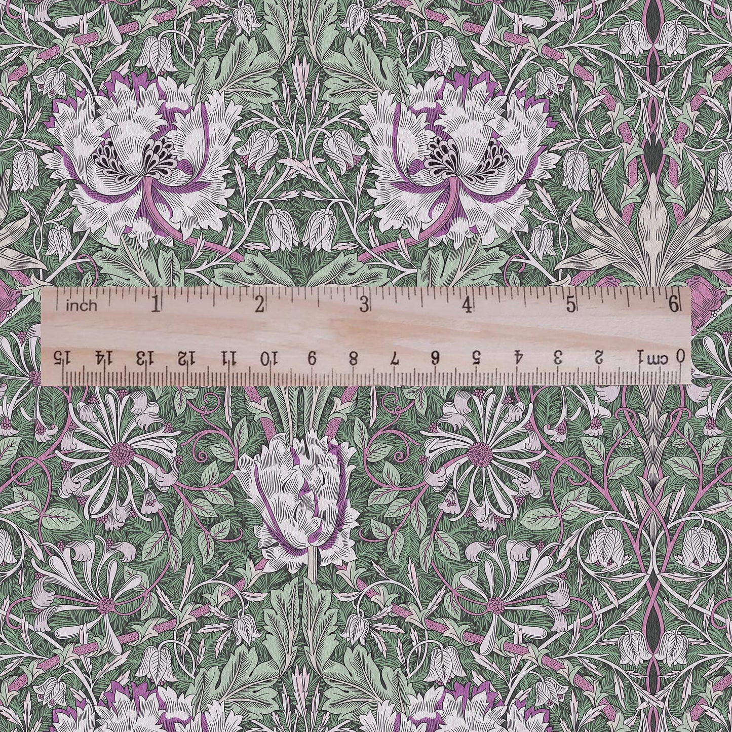 100% linen fabric William Morris Honeysuckle green colorfull print - Victorian Art crafts Historical pattern - upholstery dress making 3325