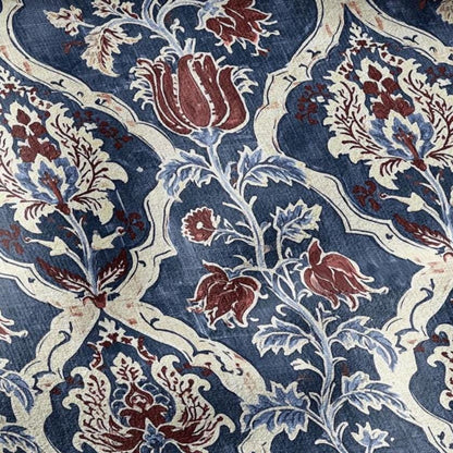 100% LINEN Fabric Indigo Garden Linen  - Hand-Drawn Floral Lattice - Indigo & Madder Floral 3424