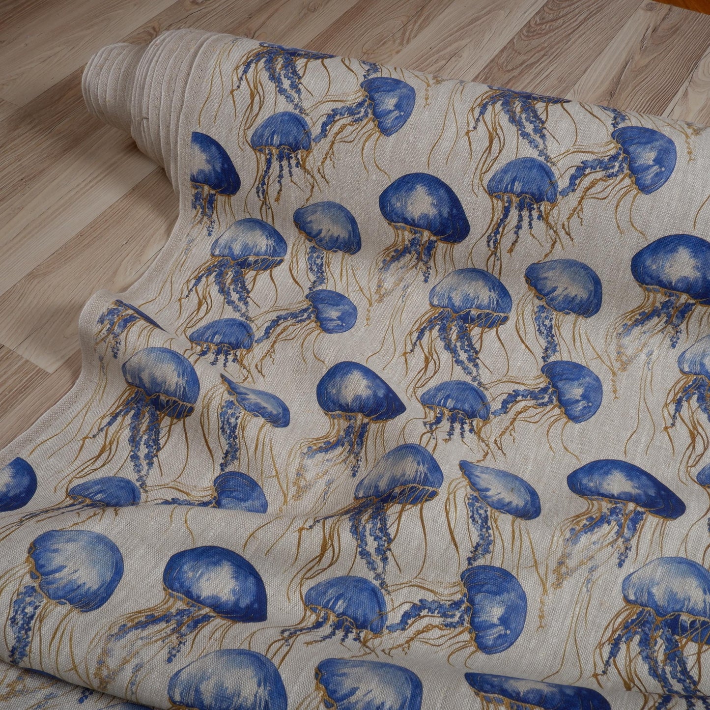 100% LINEN Fabric Jellyfish print, oatmeal linen fabric with blue grey coastal print for upholstery home decor Nautical Marine