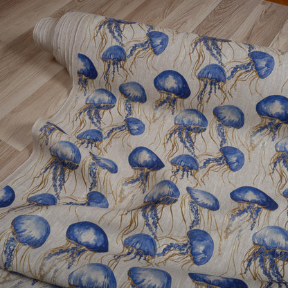 100% LINEN Fabric Jellyfish print, oatmeal linen fabric with blue grey coastal print for upholstery home decor Nautical Marine