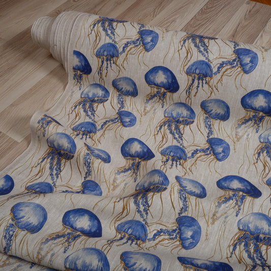 100% LINEN Fabric Jellyfish print, oatmeal linen fabric with blue grey coastal print for upholstery home decor Nautical Marine