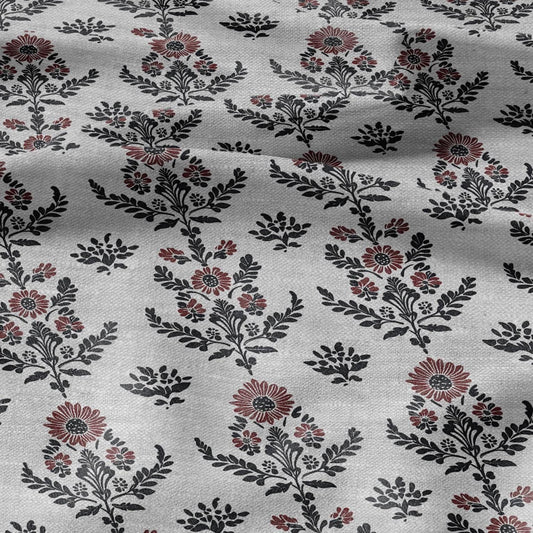 100% LINEN Fabric Modern vintage print - black red gray - upholstery home decor sewing clothing 2138