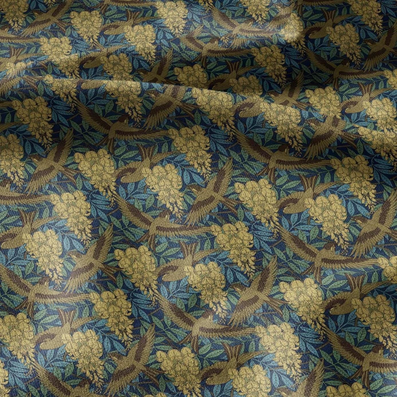 100% LINEN Fabric Dandelion flower print - Art Nouveau  Sparrows green yellow - heavy home decor light upholstery - medium dress sewing 2463