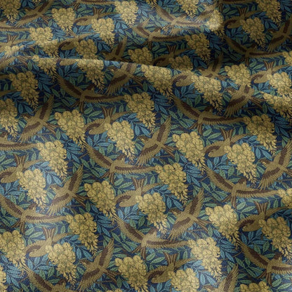 100% LINEN Fabric Dandelion flower print - Art Nouveau  Sparrows green yellow - heavy home decor light upholstery - medium dress sewing 2463