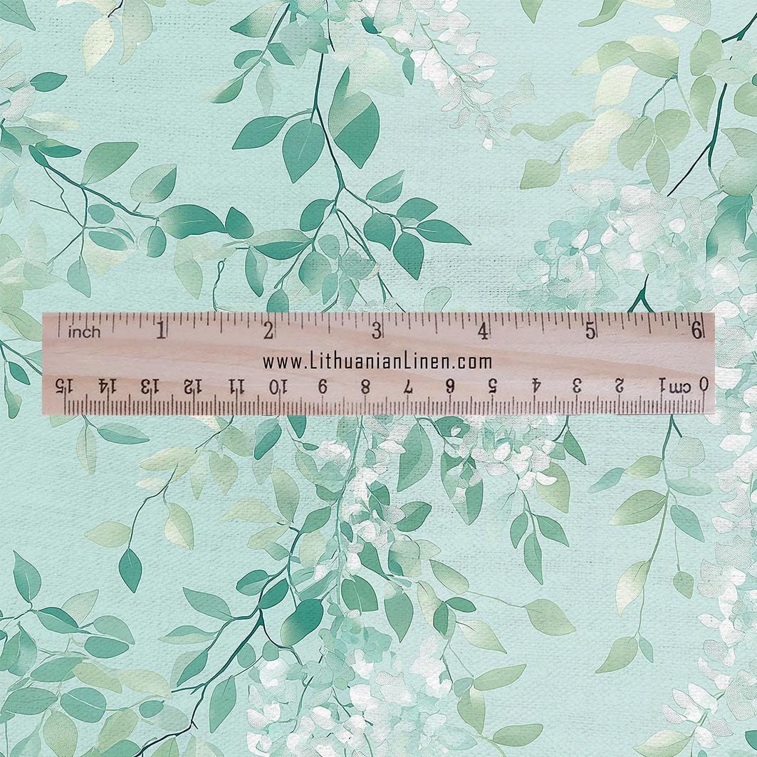 100% LINEN Fabric with Abstract greenery pattern - Mint pale green linen fabric for upholstery home decor dressmaking clothing sewing 2197