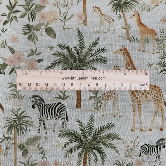 100% LINEN Fabric Africa print with giraffe and zebra - oatmeal natur linen fabric with Savana print for upholstery home decor