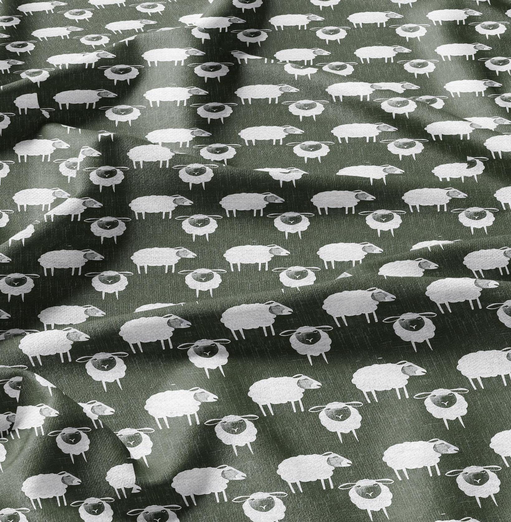 100% LINEN Fabric Sheep green white - white graphic fabric print - Scandinavian linen Modern Nursery fabric