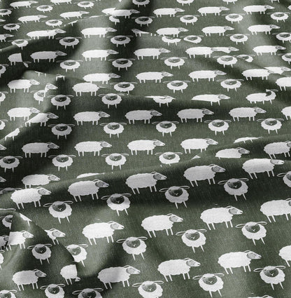 100% LINEN Fabric Sheep green white - white graphic fabric print - Scandinavian linen Modern Nursery fabric