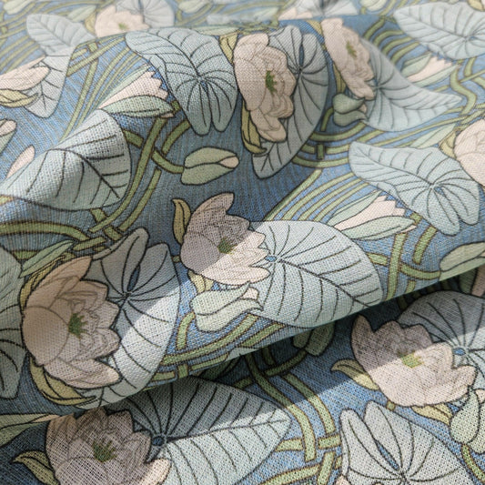 100% linen fabric Vintage Waterlily print - green floral 2468