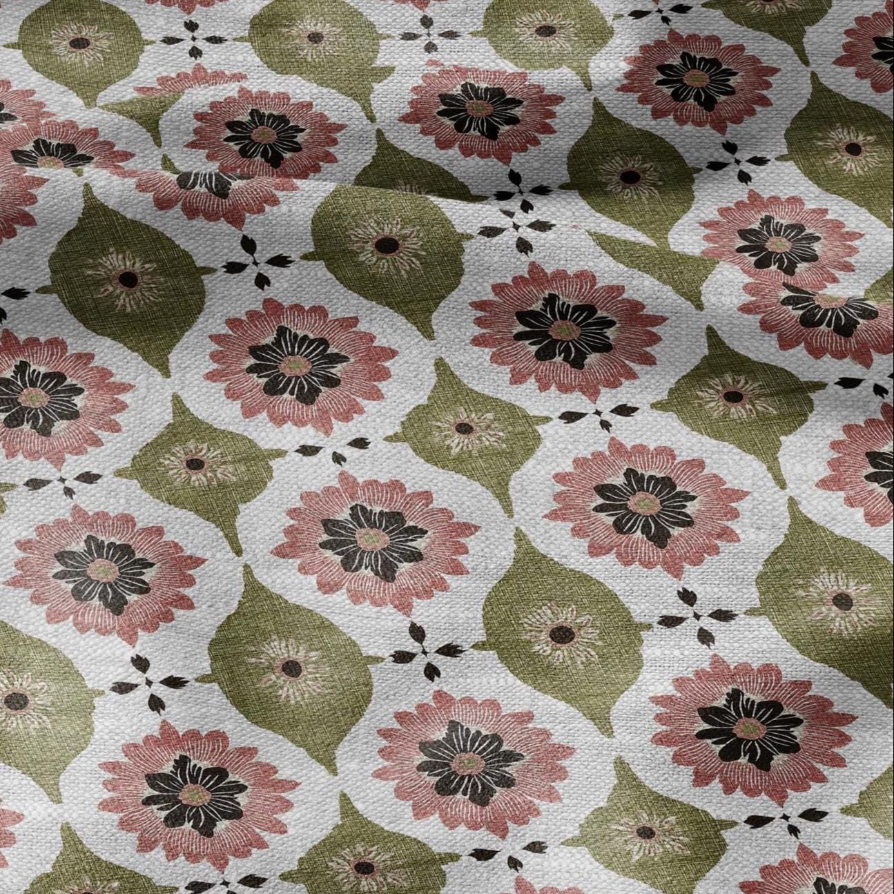 100% LINEN Fabric Retro naive flower print - green pink gray  - for upholstery home decor - medium for dress making 2908