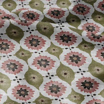 100% LINEN Fabric Retro naive flower print - green pink gray  - for upholstery home decor - medium for dress making 2908