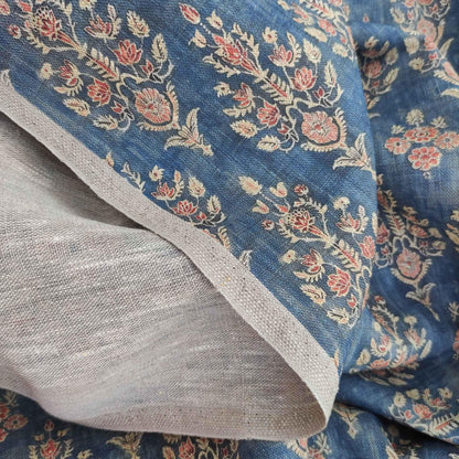 100% LINEN Fabric block print, oatmeal natur linen fabric with blue floral print, heavy linen fabric for upholstery home decor 322
