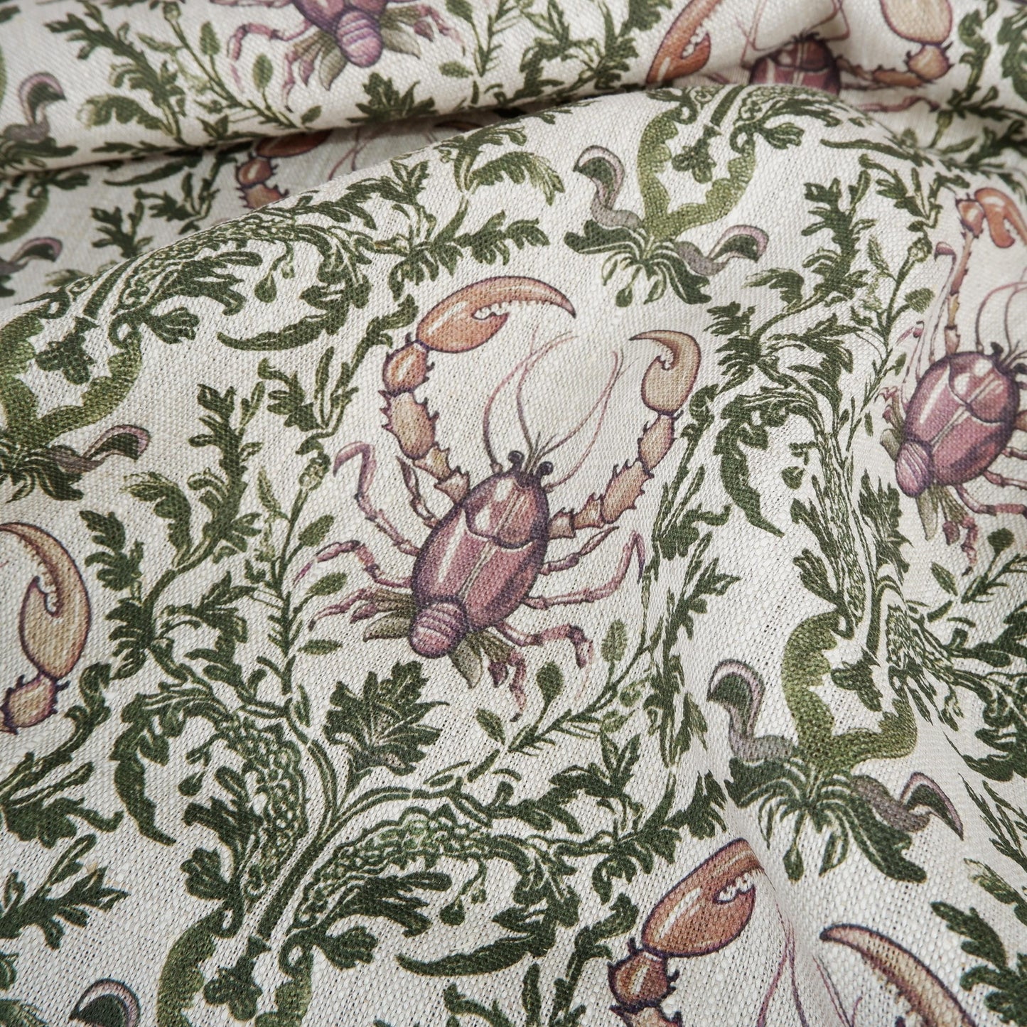 100% LINEN Fabric Lobster Nautical print - oatmeal linen fabric with green purple grey coastal print for upholstery home decor dressmaking