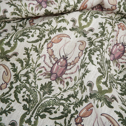 100% LINEN Fabric Lobster Nautical print - oatmeal linen fabric with green purple grey coastal print for upholstery home decor dressmaking