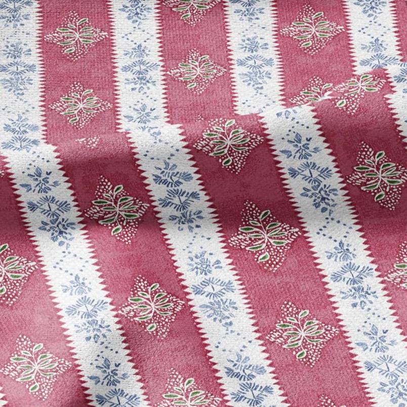 100% LINEN Fabric floral stripe print - pink blue white block print linen heavy for upholstery home decor - medium for dress making 3095