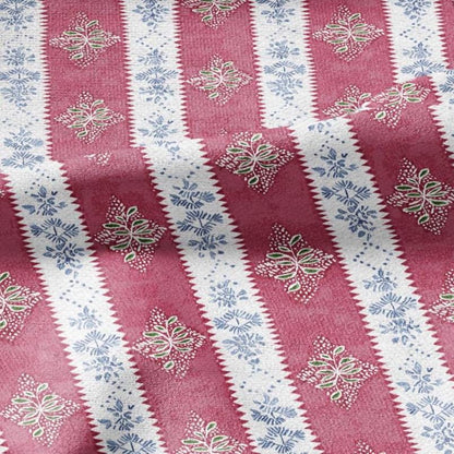 100% LINEN Fabric floral stripe print - pink blue white block print linen heavy for upholstery home decor - medium for dress making 3095