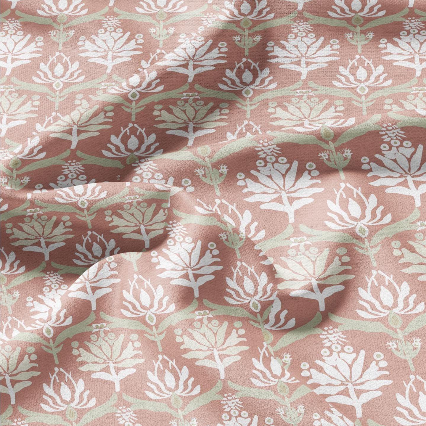 100% LINEN Fabric block print in preppy pink - floral print on white - heavy linen fabric for upholstery home decor 2592