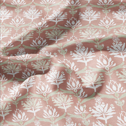 100% LINEN Fabric block print in preppy pink - floral print on white - heavy linen fabric for upholstery home decor 2592