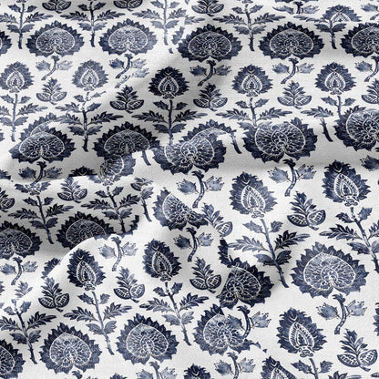 100% LINEN Fabric block print indigo blue on white - blue floral print heavy linen fabric for upholstery home decor 2009