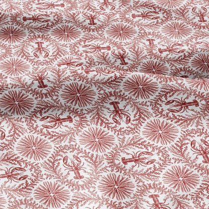 100% LINEN Fabric Red lobster print on white linen - Food print pattern on flax fabric for uphlstery heavy / medium for clothing 2573