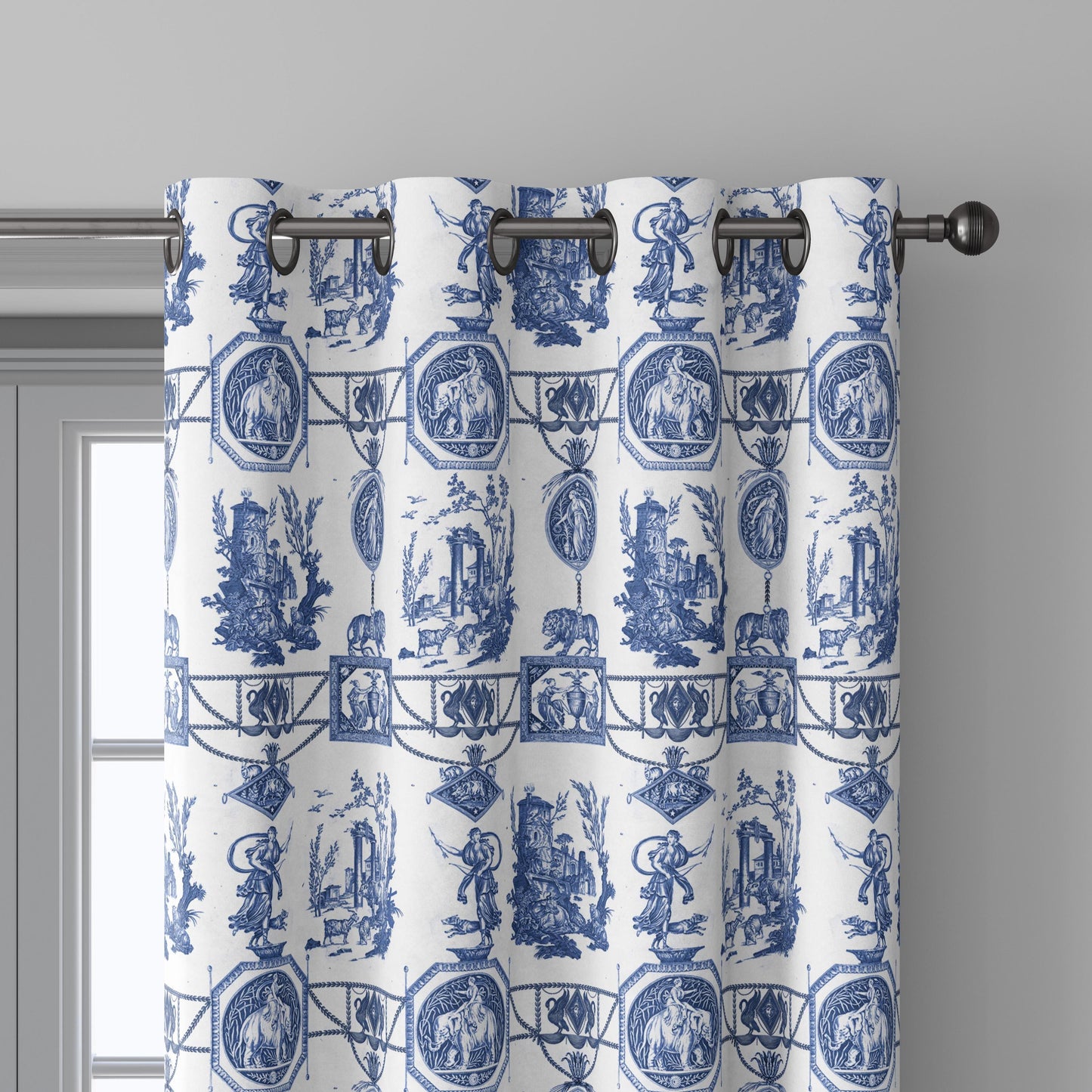 100% LINEN Fabric french blue white print - Goddess Diana with Lion - toile de jouy - Diane chasseresse by Jean-Baptiste Huet 3413
