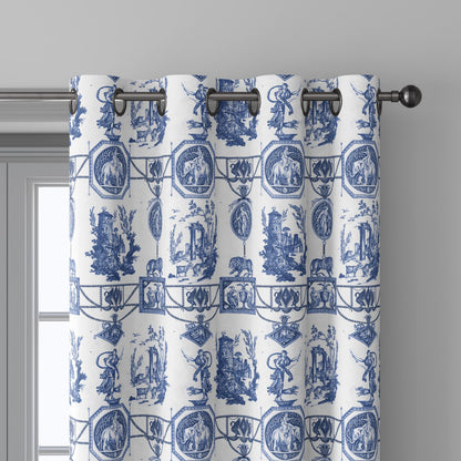 100% LINEN Fabric french blue white print - Goddess Diana with Lion - toile de jouy - Diane chasseresse by Jean-Baptiste Huet 3413