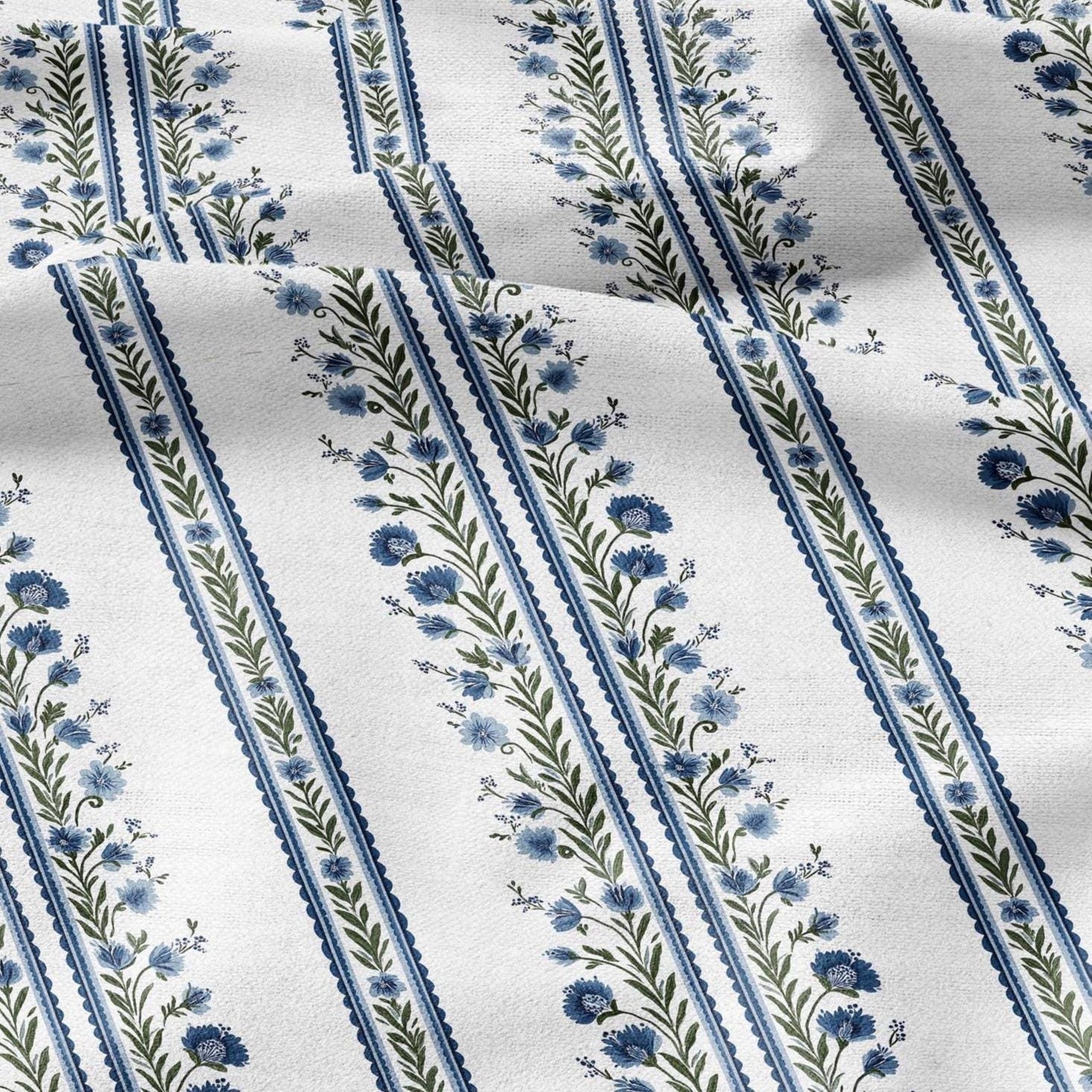 100% LINEN Fabric block print ChairoHana - Japanese blue green stripe floral heavy for upholstery home decor - medium for dress making 2843