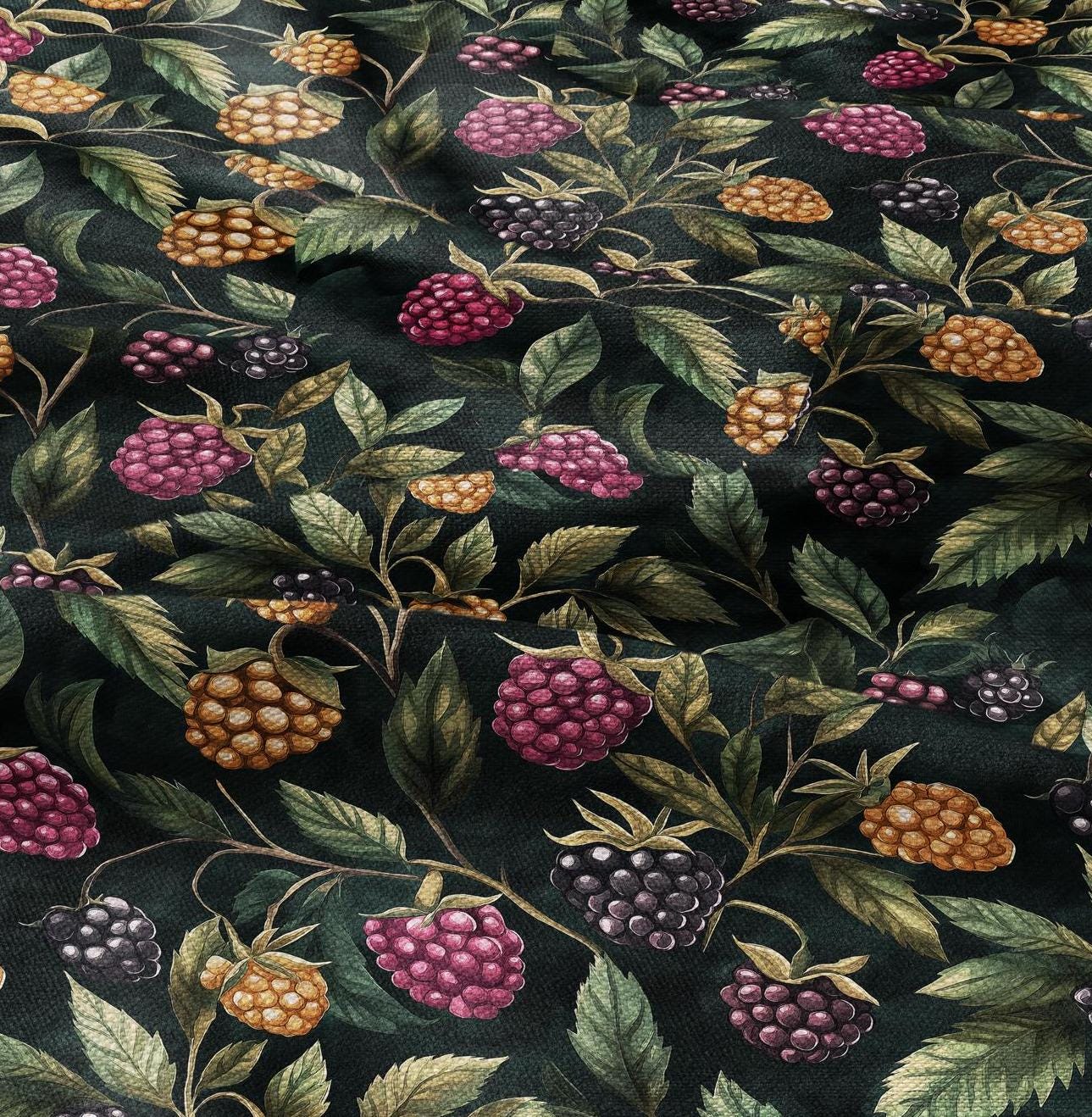 100% LINEN Fabric with raspberry blackberry print - linen fabric with berries floral print - linen fabric upholstery home decor dressmaking