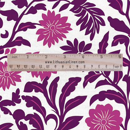 100% LINEN Fabric Purple floral block print on white - heavy linen fabric for upholstery home decor or medium for dress making 2372