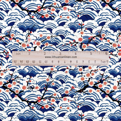 100% LINEN Fabric block print Japanese Sakura sea - red blue indigo floral print - heavy upholstery home decor - medium for clothing 2597