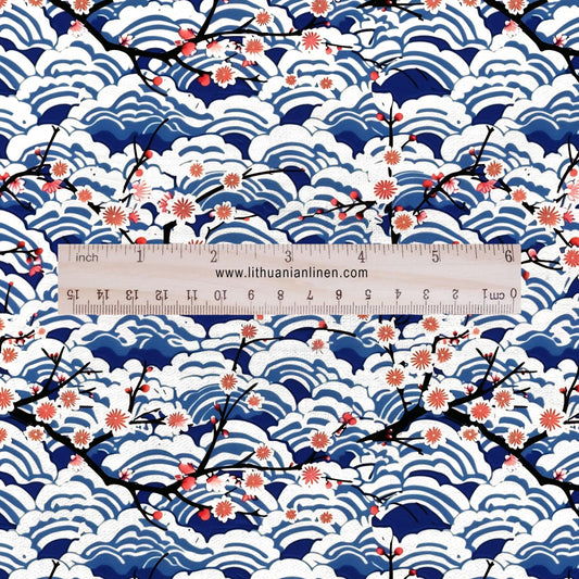 100% LINEN Fabric block print Japanese Sakura sea - red blue indigo floral print - heavy upholstery home decor - medium for clothing 2597