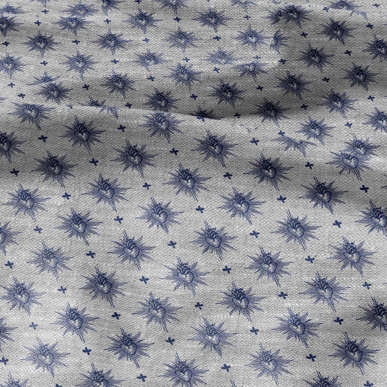 100% LINEN Fabric Sacred heart -  blue print on oatmeal linen for home decor sewign dress clothing 3006