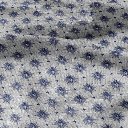 100% LINEN Fabric Sacred heart -  blue print on oatmeal linen for home decor sewign dress clothing 3006