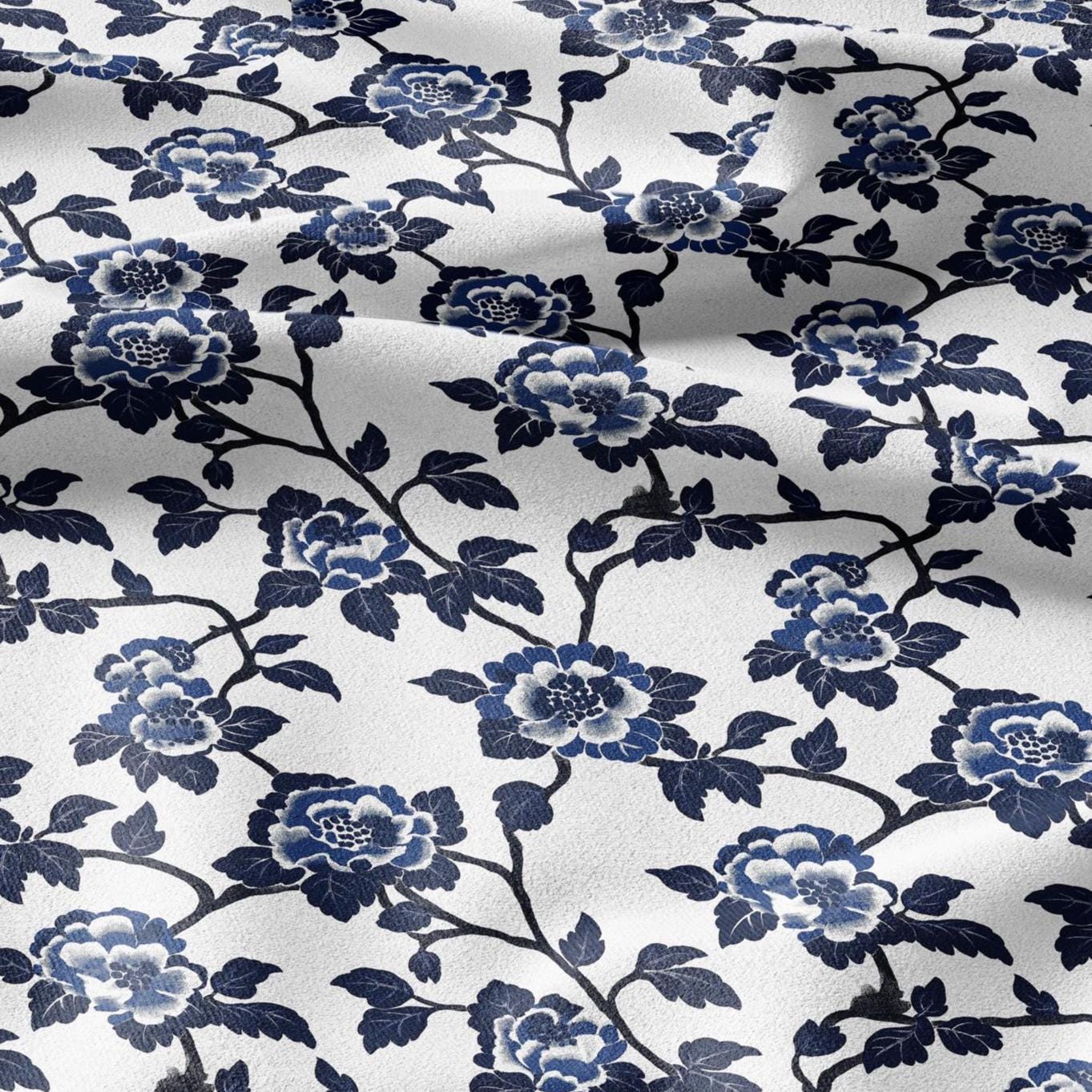 100% LINEN Fabric Blue flower print linen - indigo floral for upholstery home decor dress making 2364