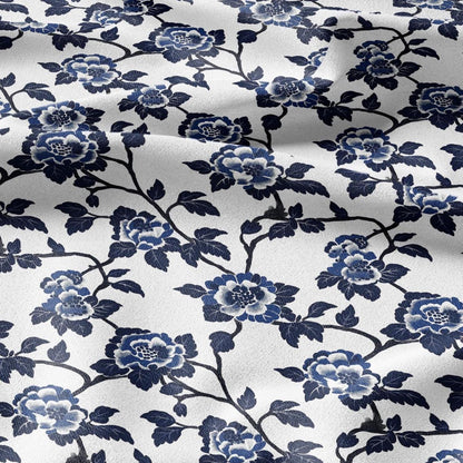 100% LINEN Fabric Blue flower print linen - indigo floral for upholstery home decor dress making 2364
